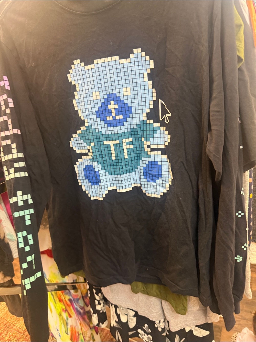 Teddy Fresh Black Long-Sleeve Tee with Blue Pixel Bear Graphic
